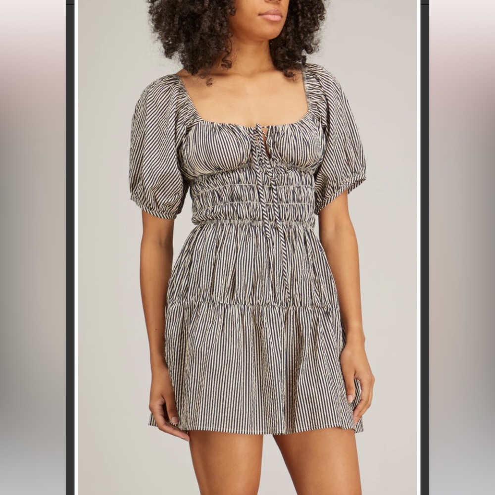 NWT Ciao Lucia Isotta Anchor smocked mini dress. Dark charcoal & white striped.